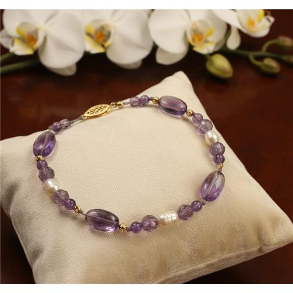 Vintage 14K Gold Amethyst Pearl Beaded Bracelet 8in Fishhook Clasp Estate